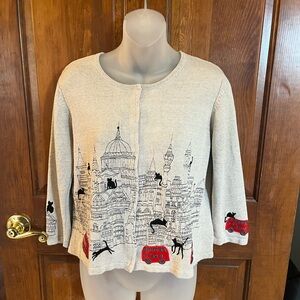 VTG Christina Rotelli Cats In The City Cardigan Sweater Small Snaps & Appliqué